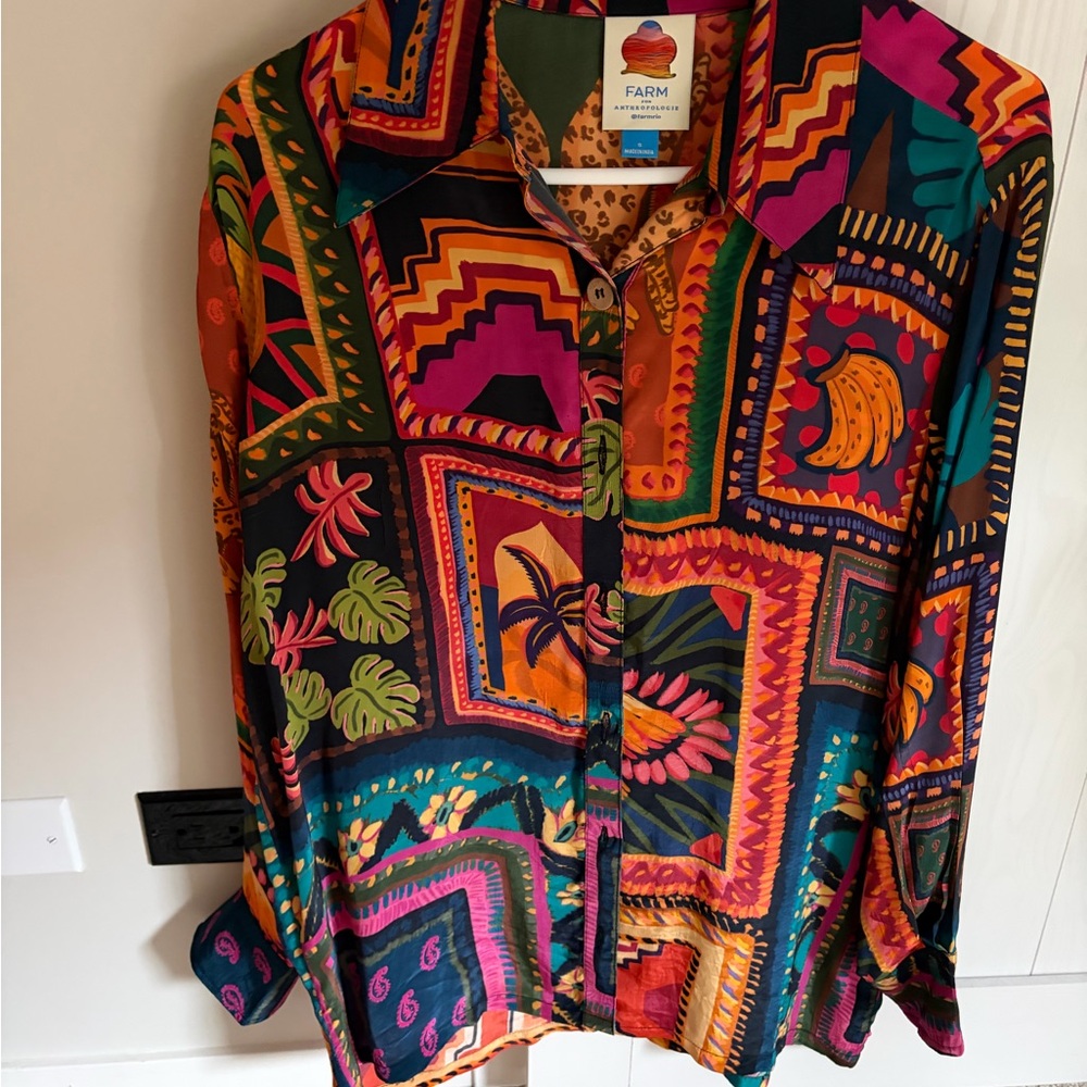 FARM Rio Bold Tropical Patchwork Button-Down Shirt in Teal, Pink & Orange